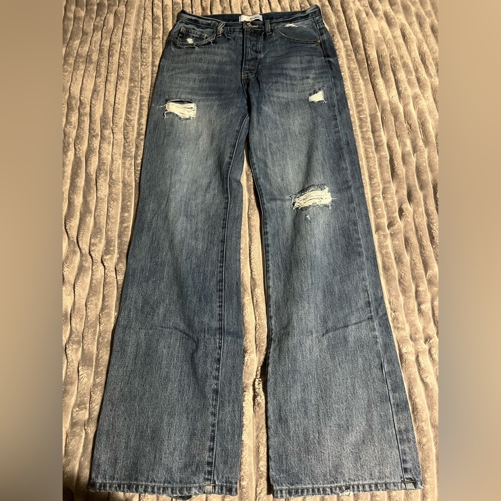 KanCan Blue Flare Wide Leg Jeans Distressed